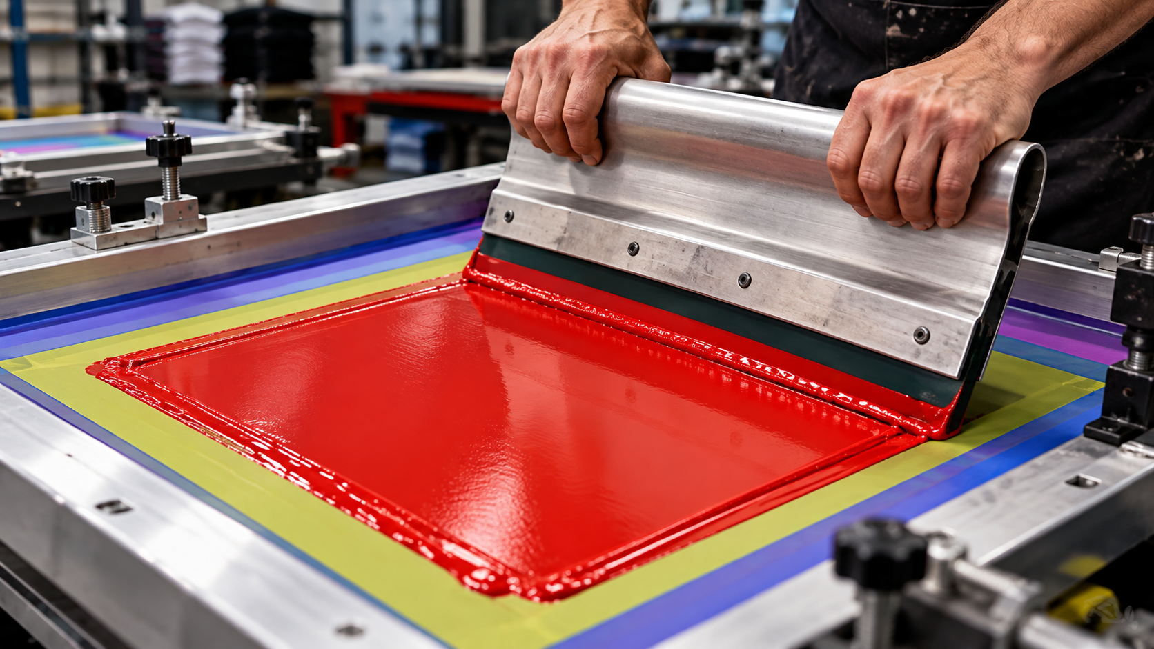 Screen printing red ink onto a flat panel with a squeegee