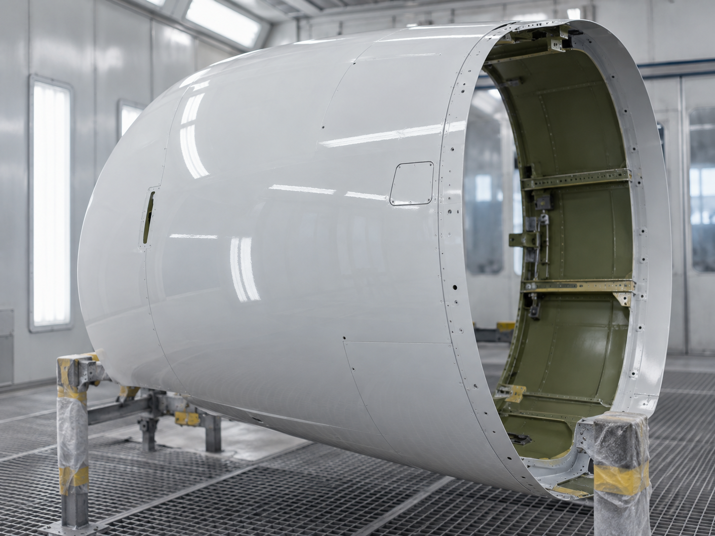 A large, white aircraft nose cone, partially assembled, in a manufacturing or assembly facility with metal floors and walls, surrounded by protective stands.