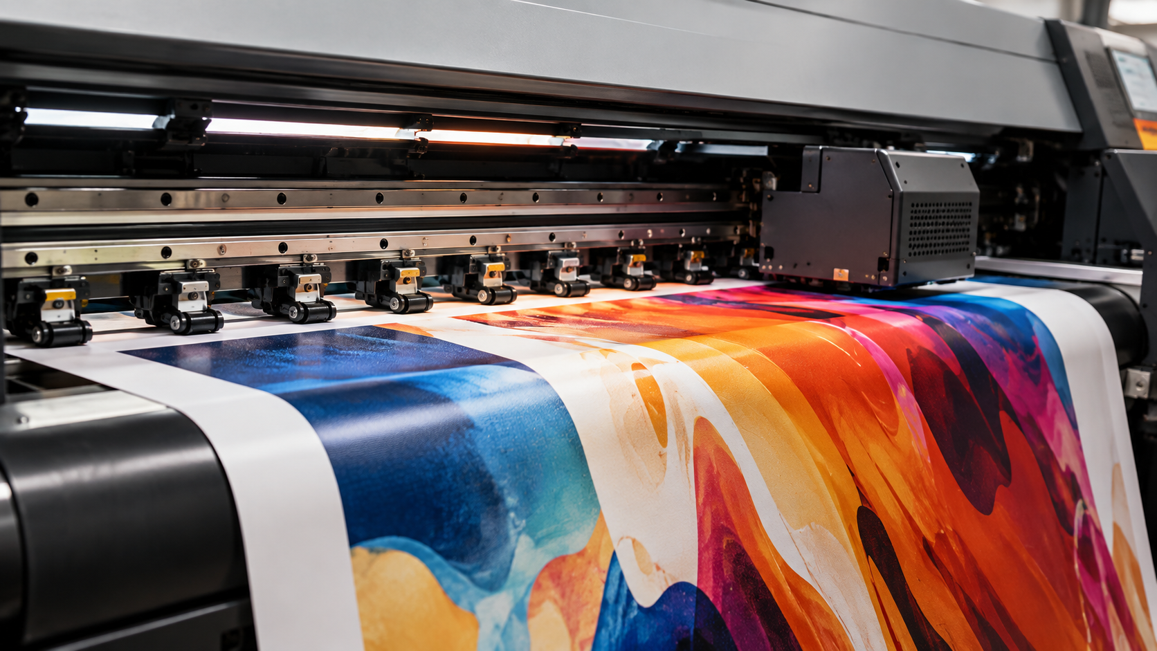 Large-format digital printer producing colorful graphics