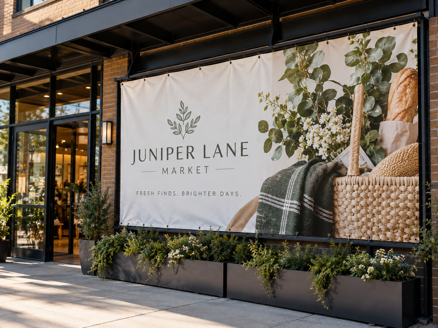 Sign outside Juniper Lane Market with green foliage behind the text and a basket of bread and flowers on the right side.