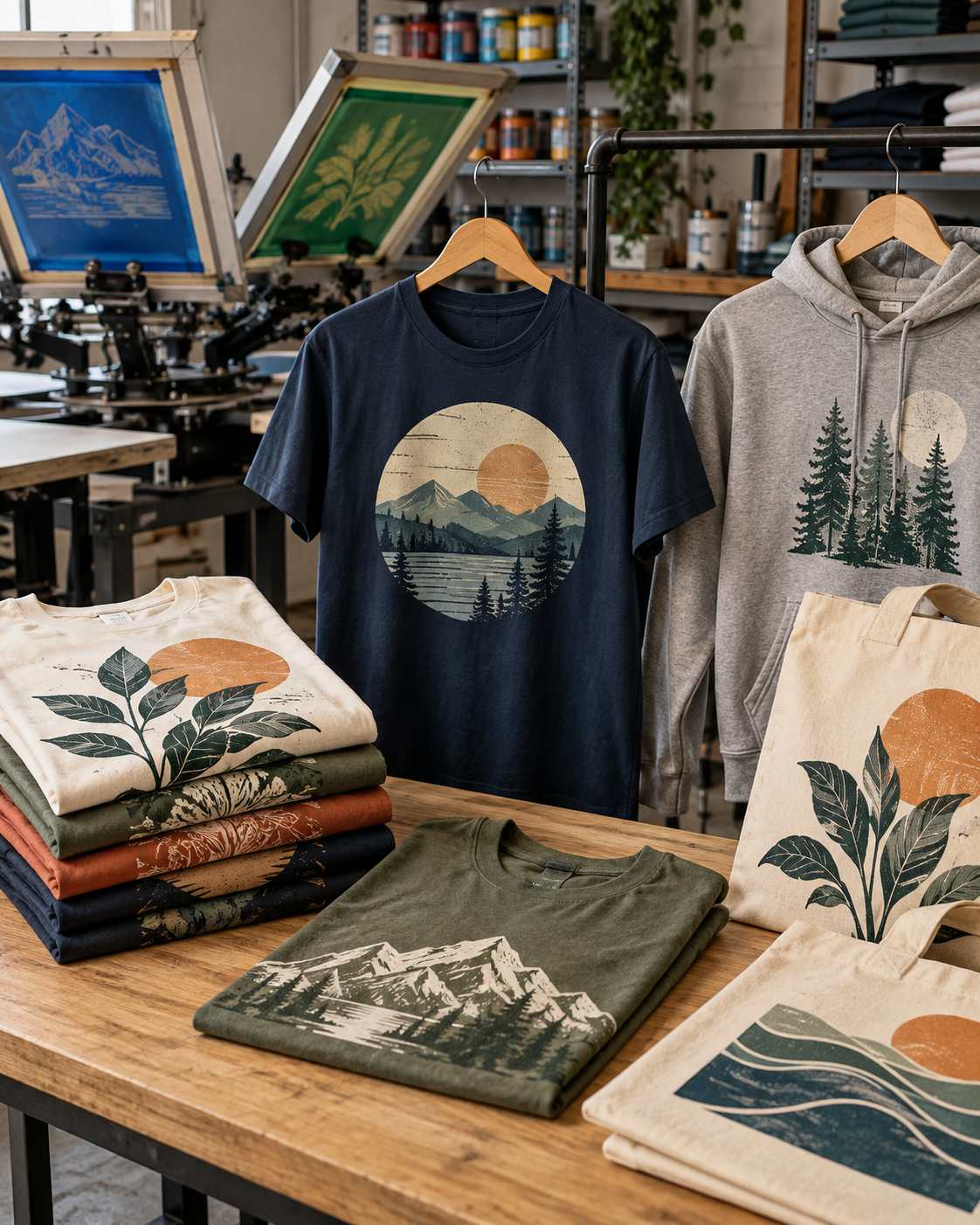 Display of folded and hanging nature-themed graphic T-shirts and hoodies in a workshop or store, featuring mountains, trees, sun, and water designs.