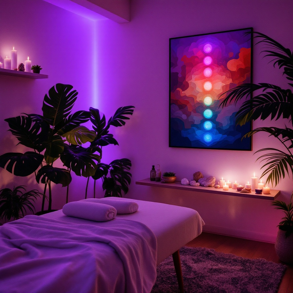 A cozy massage room illuminated with purple and pink ambient lighting, featuring a massage table topped with rolled towels, surrounded by potted plants, a wall art with colorful abstract circles, and a shelf with candles, stones, and wellness supplies.