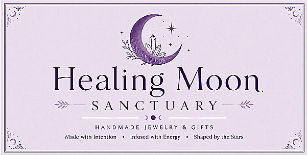 Healing Moon Sanctuary logo with a purple crescent moon, crystals, and stars, featuring text about handmade jewelry and gifts.