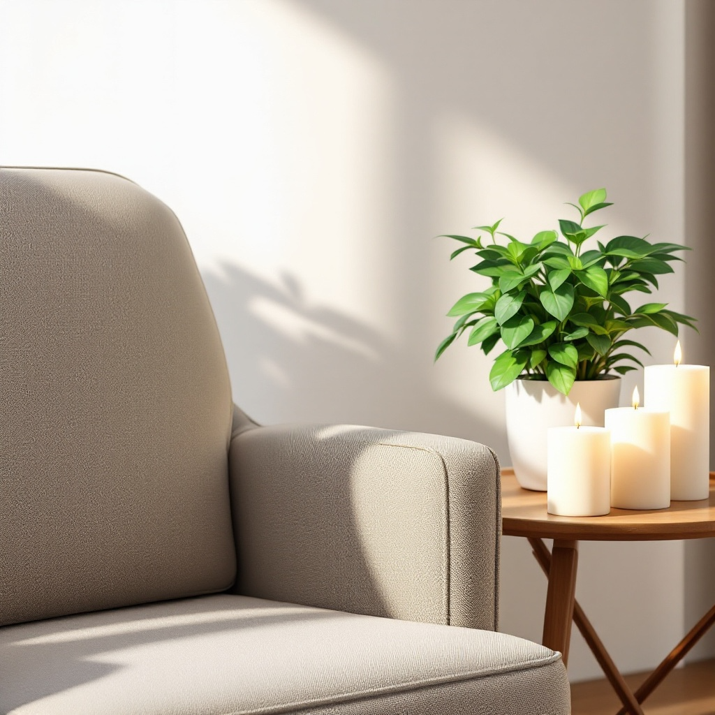 A beige armchair next to a wooden side table with a green potted plant and four lit white candles.