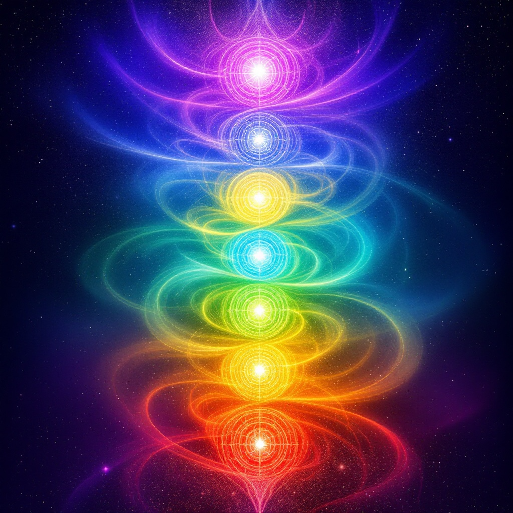 A colorful, abstract depiction of chakra points aligned vertically in a spectrum of colors from red at the bottom to violet at the top, set against a starry background.