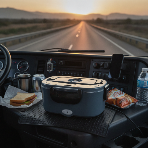 Inside a truck cab shows a road at sunset, with a lunchbox, snacks, water bottle, and cans on the dashboard.