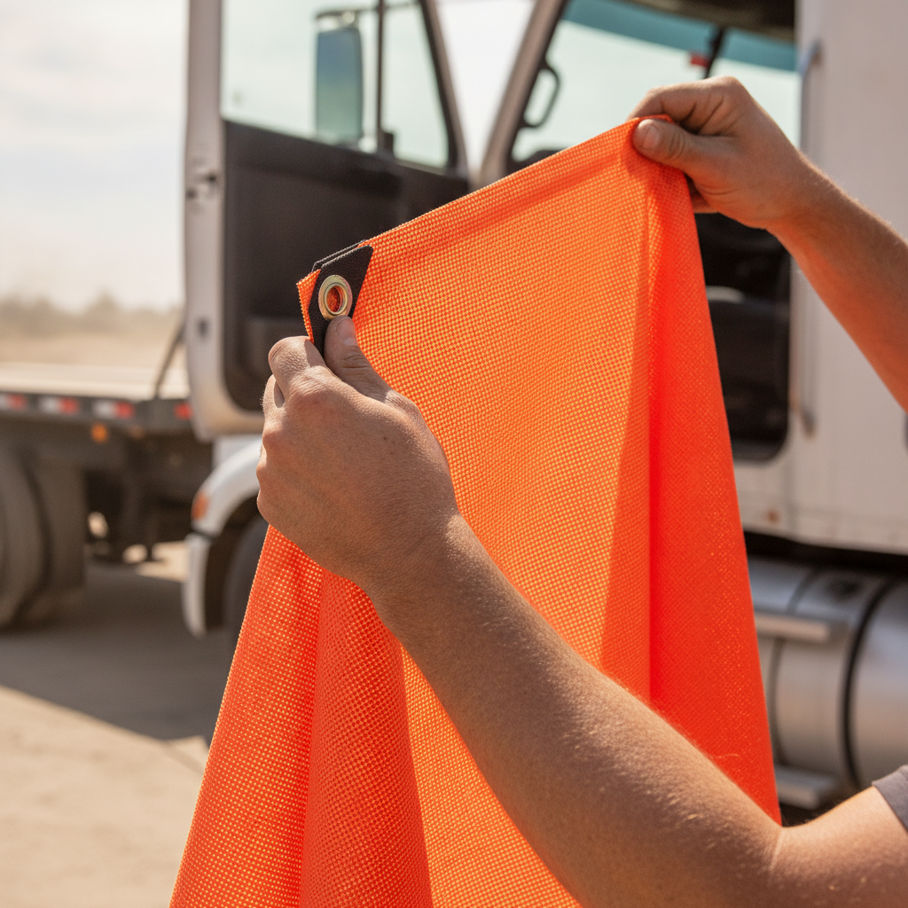 Person attaching a bright orange safety vest in front of a truck.