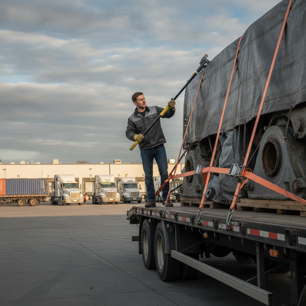A young man in a gray jacket and jeans is securing a large object, possibly a machine or equipment, onto a flatbed truck using straps and a long tool with a hook at the end. The background shows a parking lot with several trucks and a warehouse, under an overcast sky.