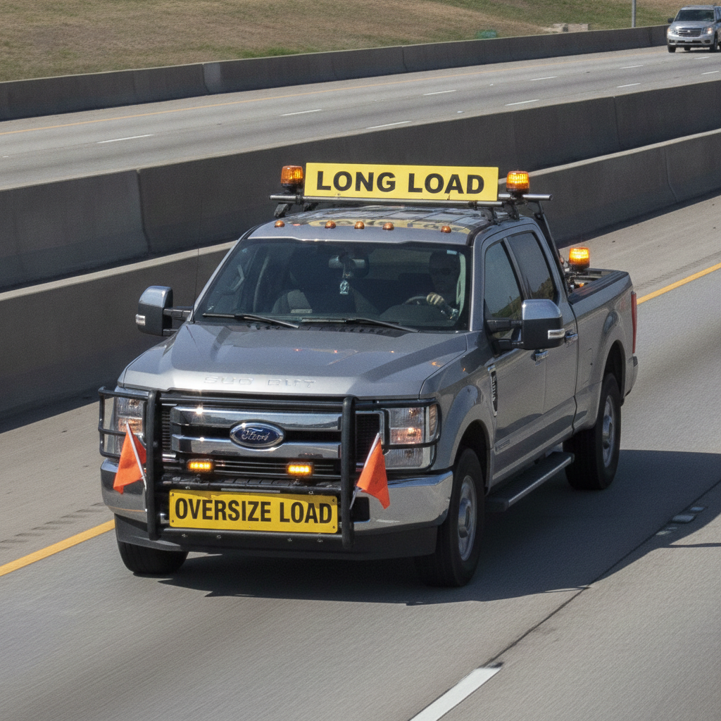 A Ford pickup truck on the highway with signs indicating a long and oversized load, accompanied by orange flags and warning lights.