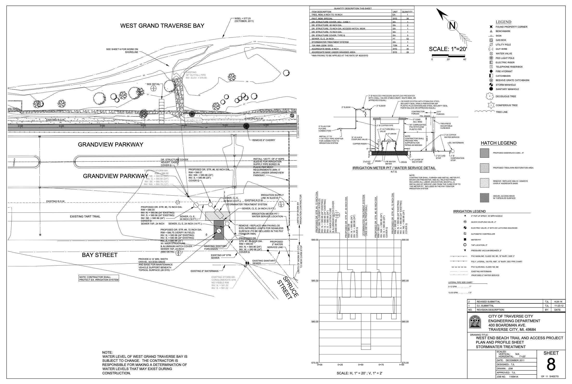 A detailed engineering plan for West End Beach Trail and Access Project, showing layout, infrastructure, and stormwater treatment features near West Grand Traverse Bay in Traverse City, Michigan.