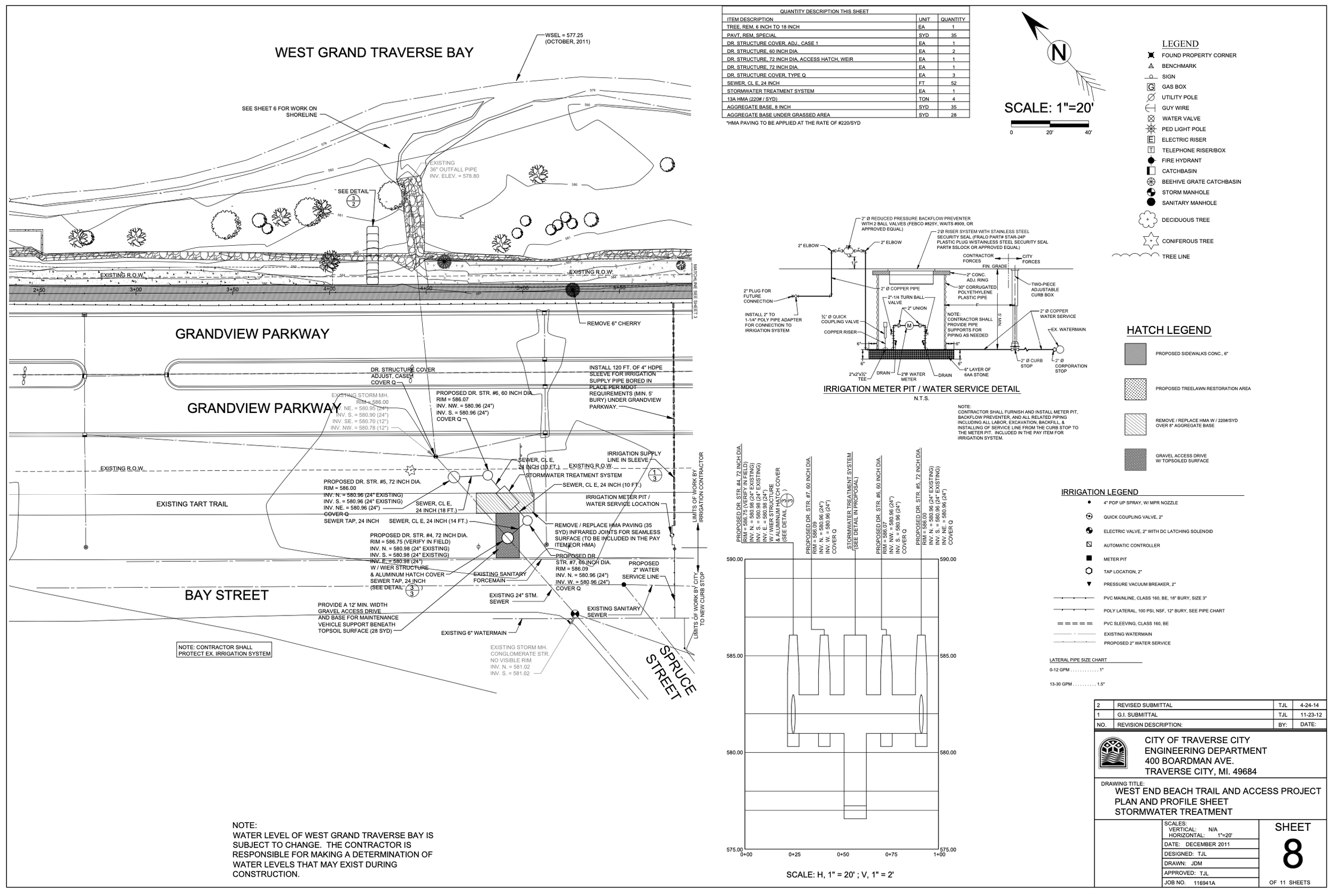 Detailed engineering plan of West End Beach Trail and access project, including stormwater treatment, trees, and street layouts, with legend and scale.