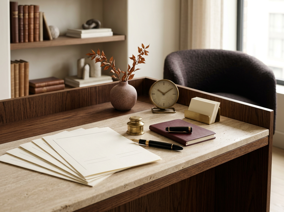 Office desk with papers, a pen, a gold inkpot, a clock, a vase with brown leaves, a closed book, and a desk calendar. In the background, a bookshelf with books and decorative objects, and a dark chair near a window.