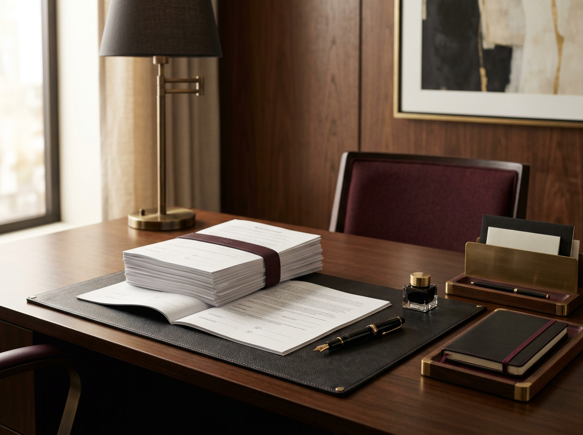 A well-organized desk with a large stack of papers, a pen, an ink bottle, and file folders in a professional office setting.
