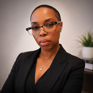 A woman with glasses and short hair wearing a black blazer, posing confidently in front of a neutral backdrop with a potted plant in the background.