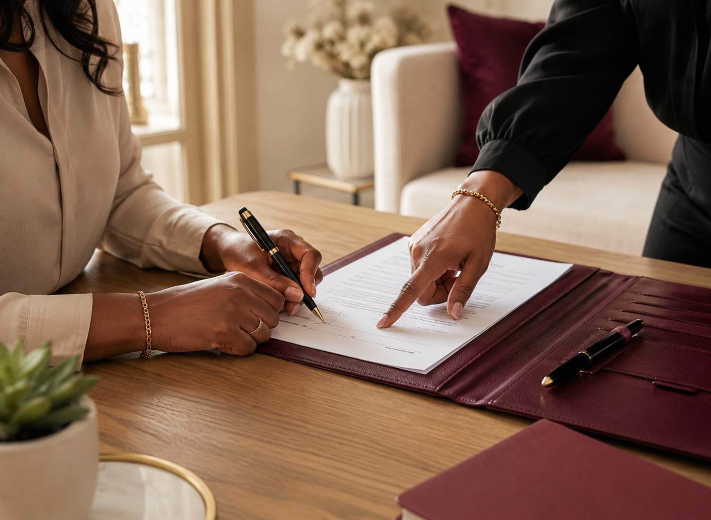 Two women reviewing and signing a document during a professional mobile notary appointment.