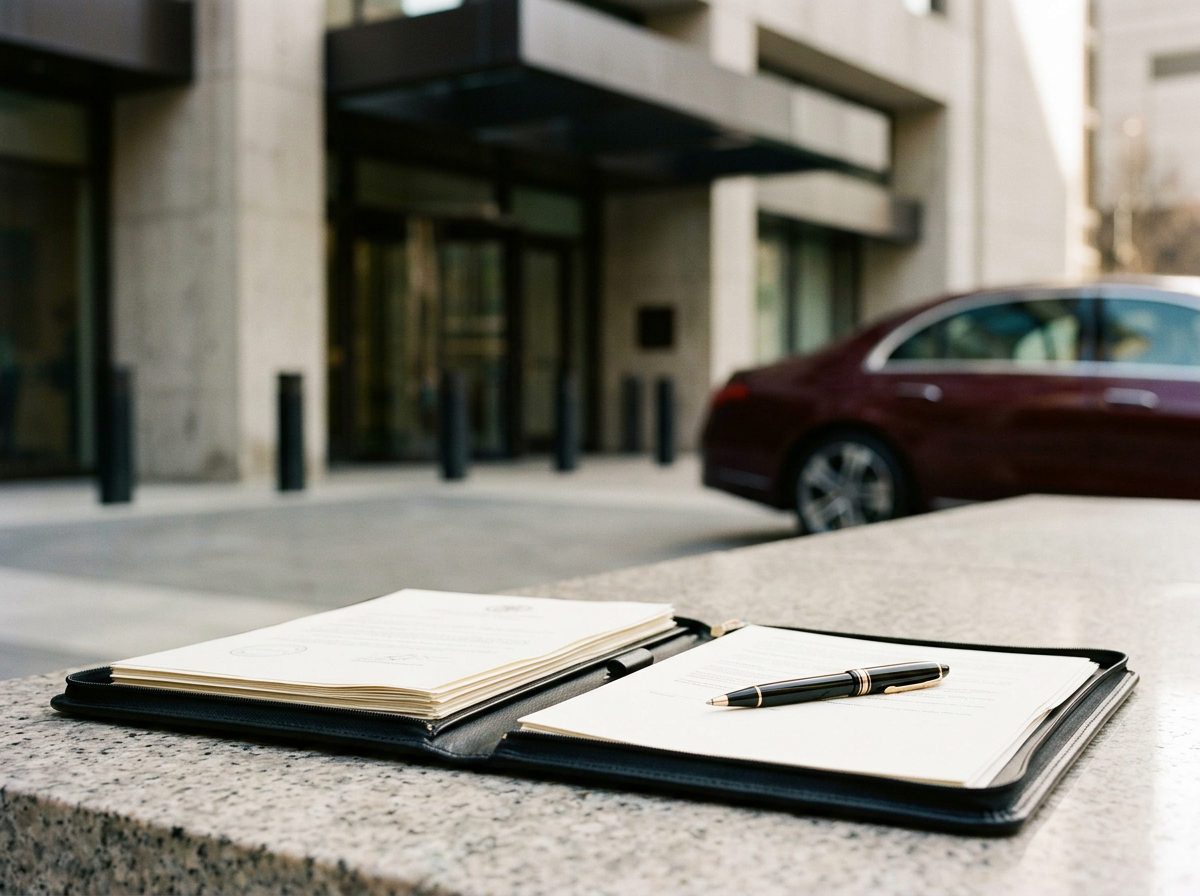 Open black leather portfolio with papers and a black pen, on a granite countertop outside a modern building with an entrance and a parked maroon car visible in the background.
