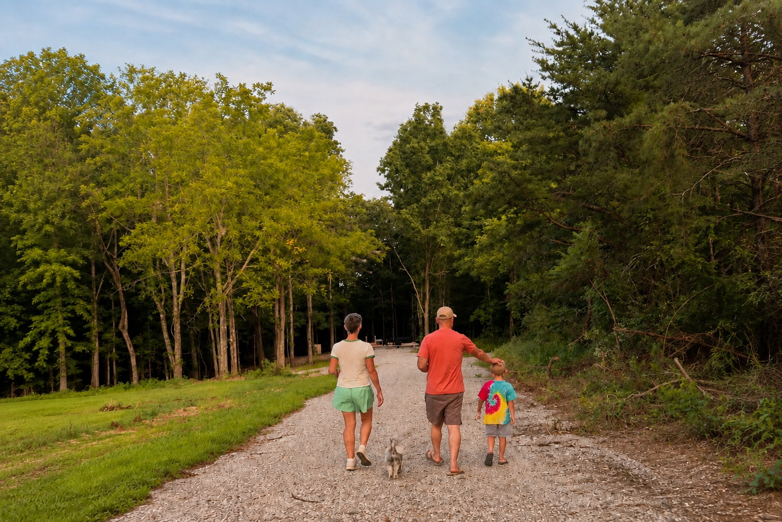 “Guests walking with a dog along a wooded gravel trail near Rugby, Tennessee.”