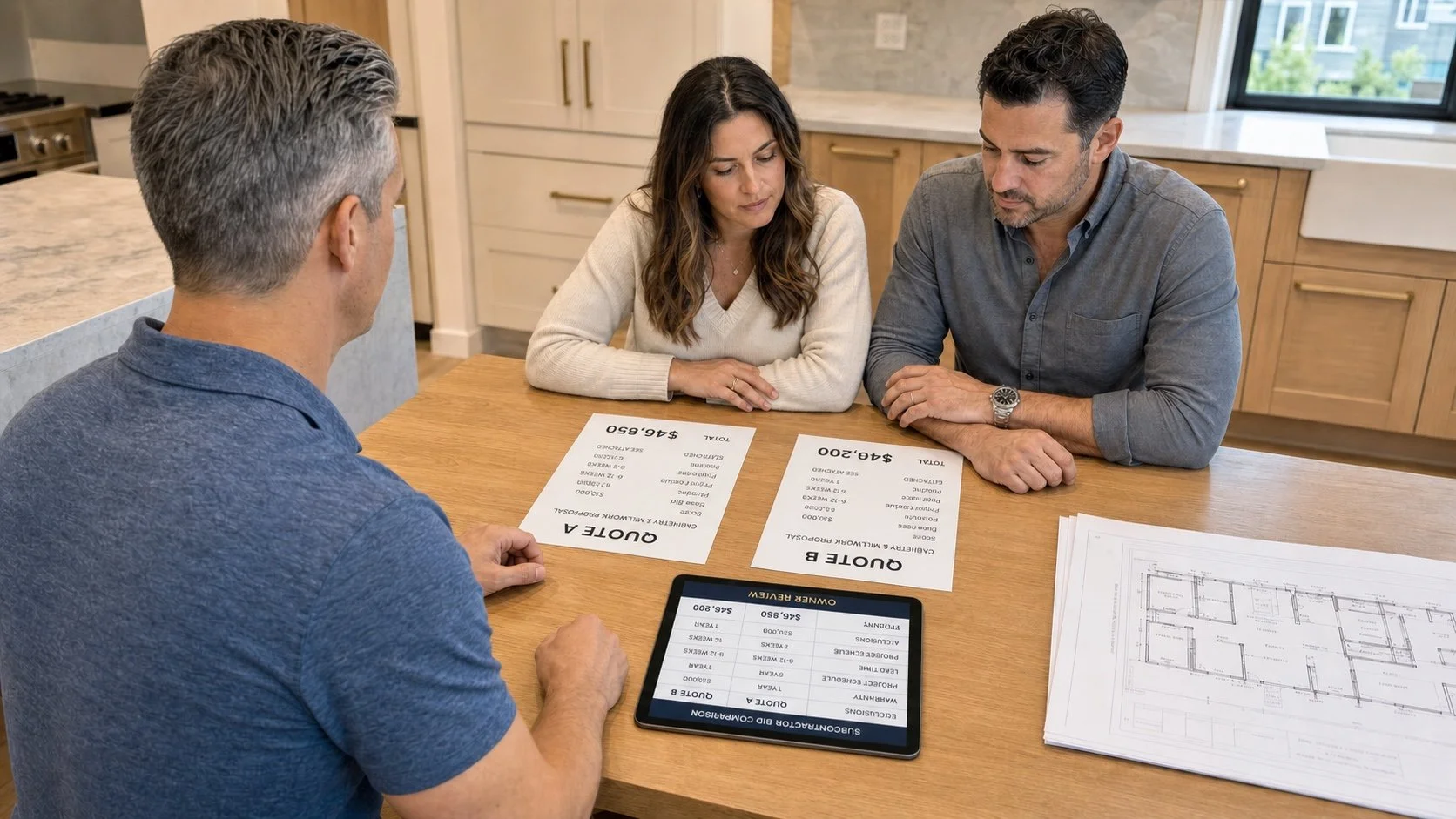Meeting with clients to discuss quotes, plans, and project decisions.