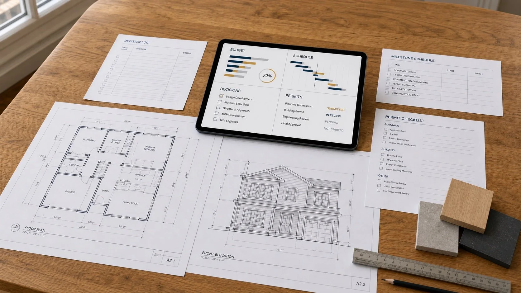 Pre-construction documents, budget, schedule, plans, decision lists