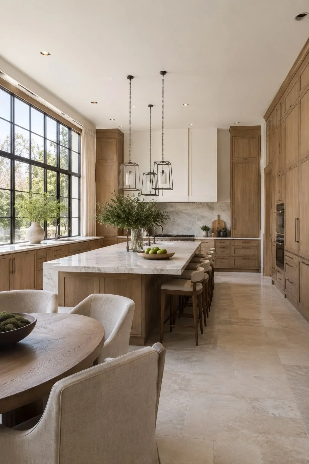 Modern kitchen with large window, marble island, wooden cabinetry, and pendant lighting.