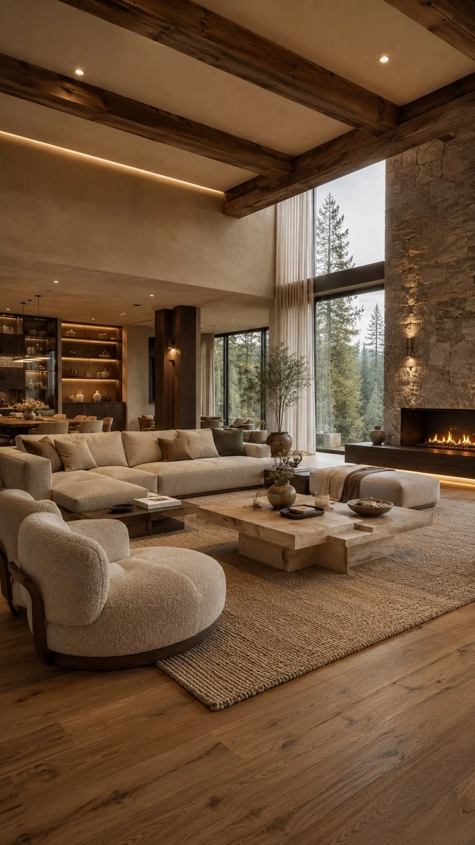 Luxurious living room with a neutral color palette, large beige sectional sofa, round cream armchair, rustic wooden coffee table, and modern fireplace with stone surround, overlooking a forest through large floor-to-ceiling windows.