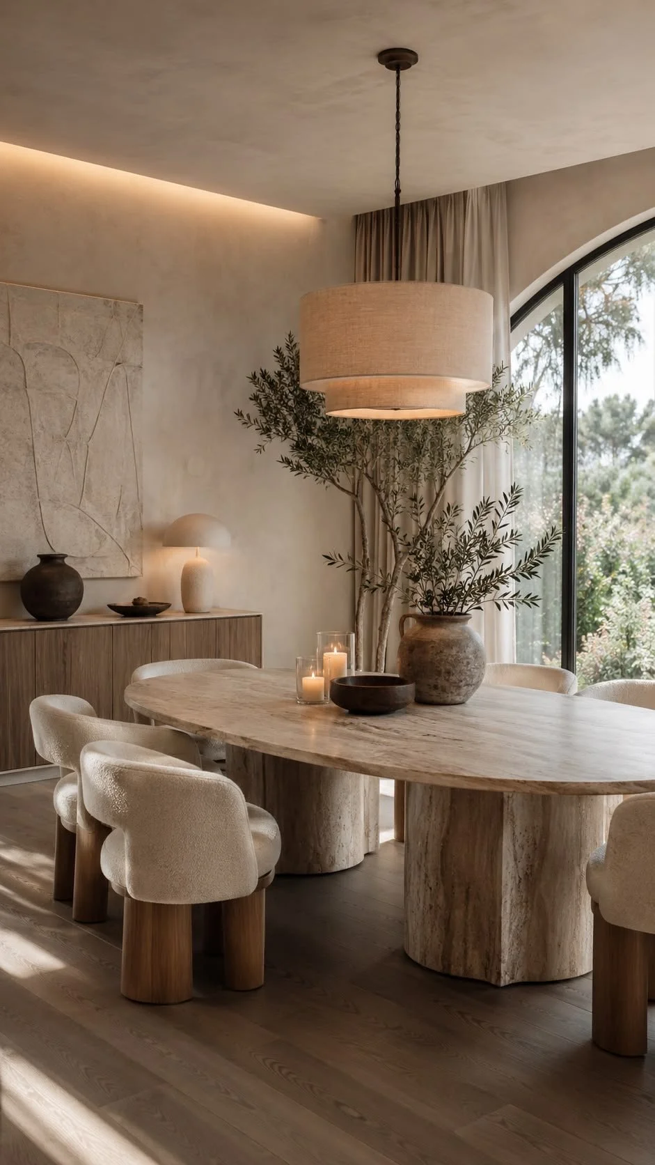 A dining room with a large wooden table, beige upholstered chairs, a large clay vase with greenery, candles, a wooden sideboard with decorative pottery, and a large window with curtains showing trees outside.