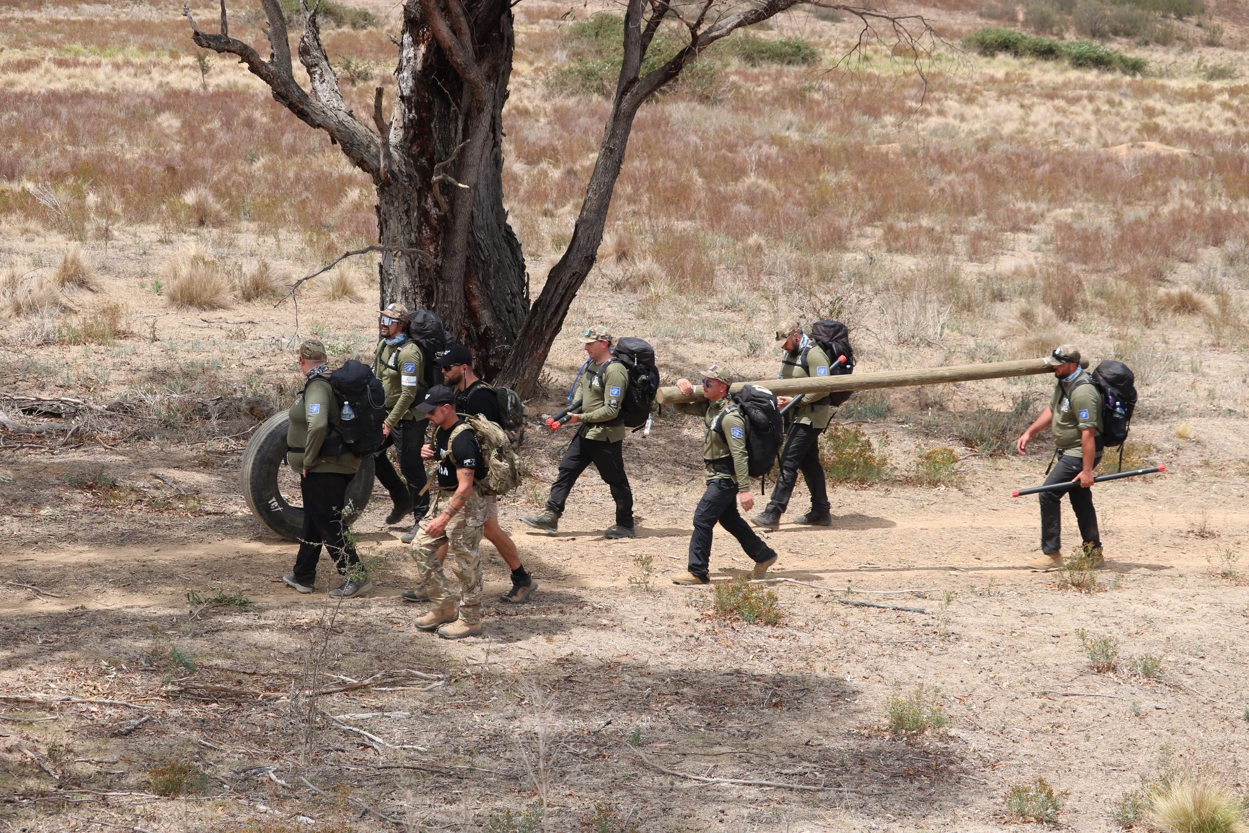 A group of hikers walking in a dry, desert-like landscape with sparse bushes and a large, leafless tree, carrying backpacks and some carrying trekking poles.