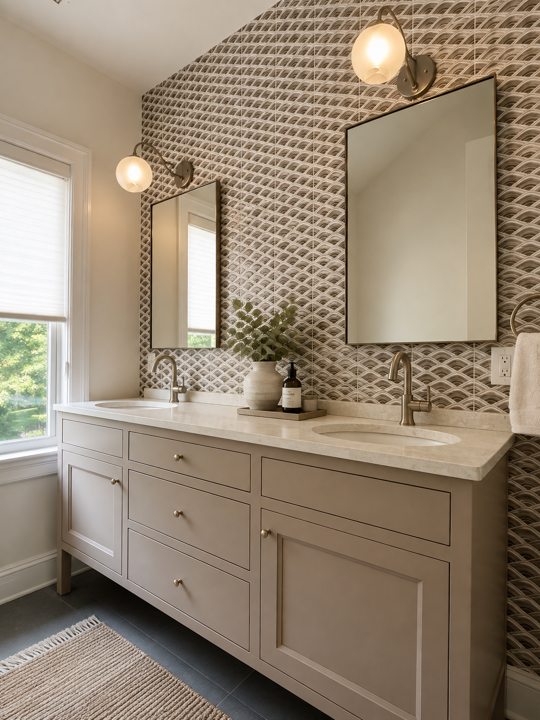 modern bathroom vanity with double sinks and decorative wallpaper in the background