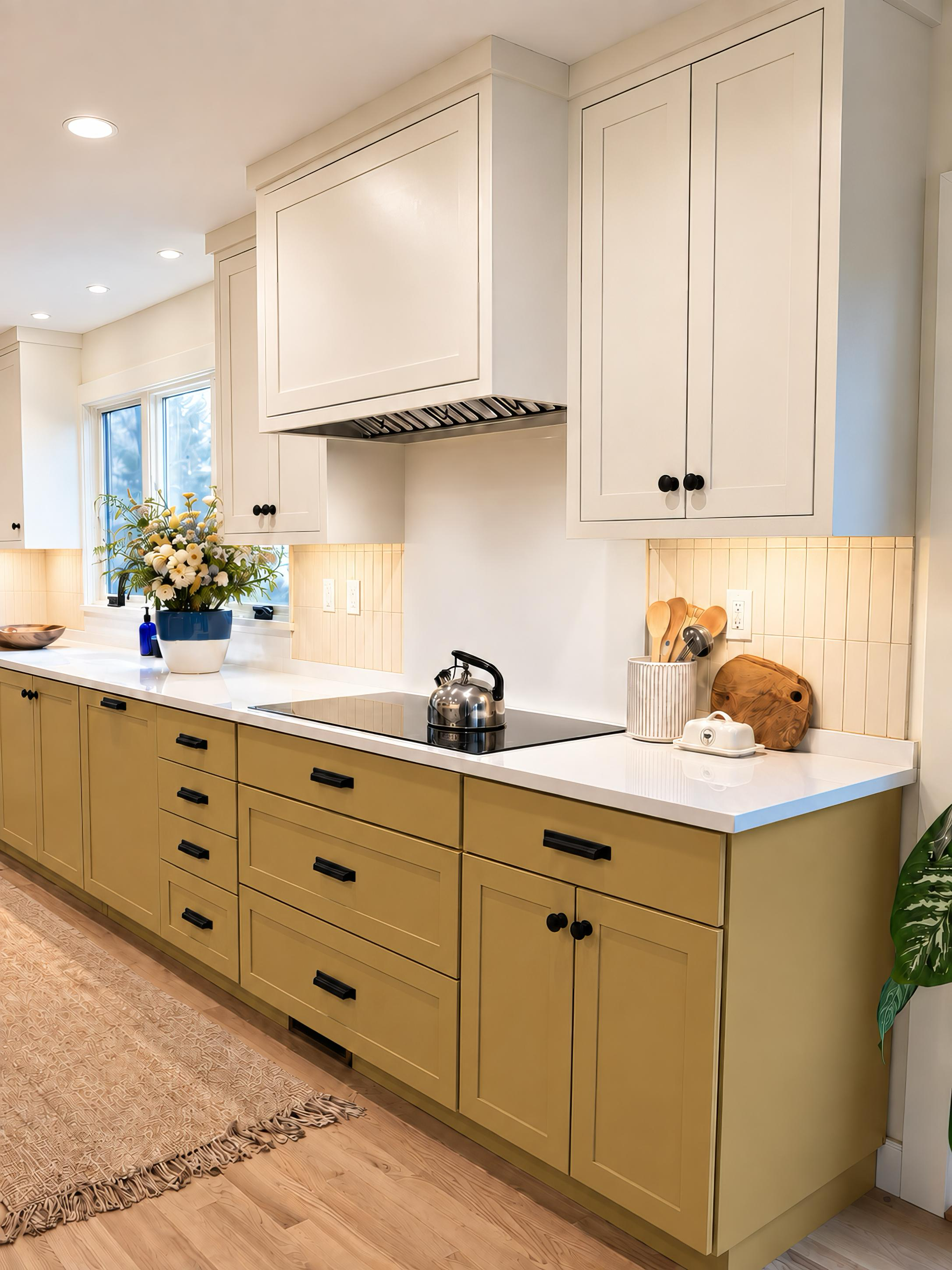 yellow kitchen cabinets with a stainless steel teapot resting on a cooktop and flowers on the counter