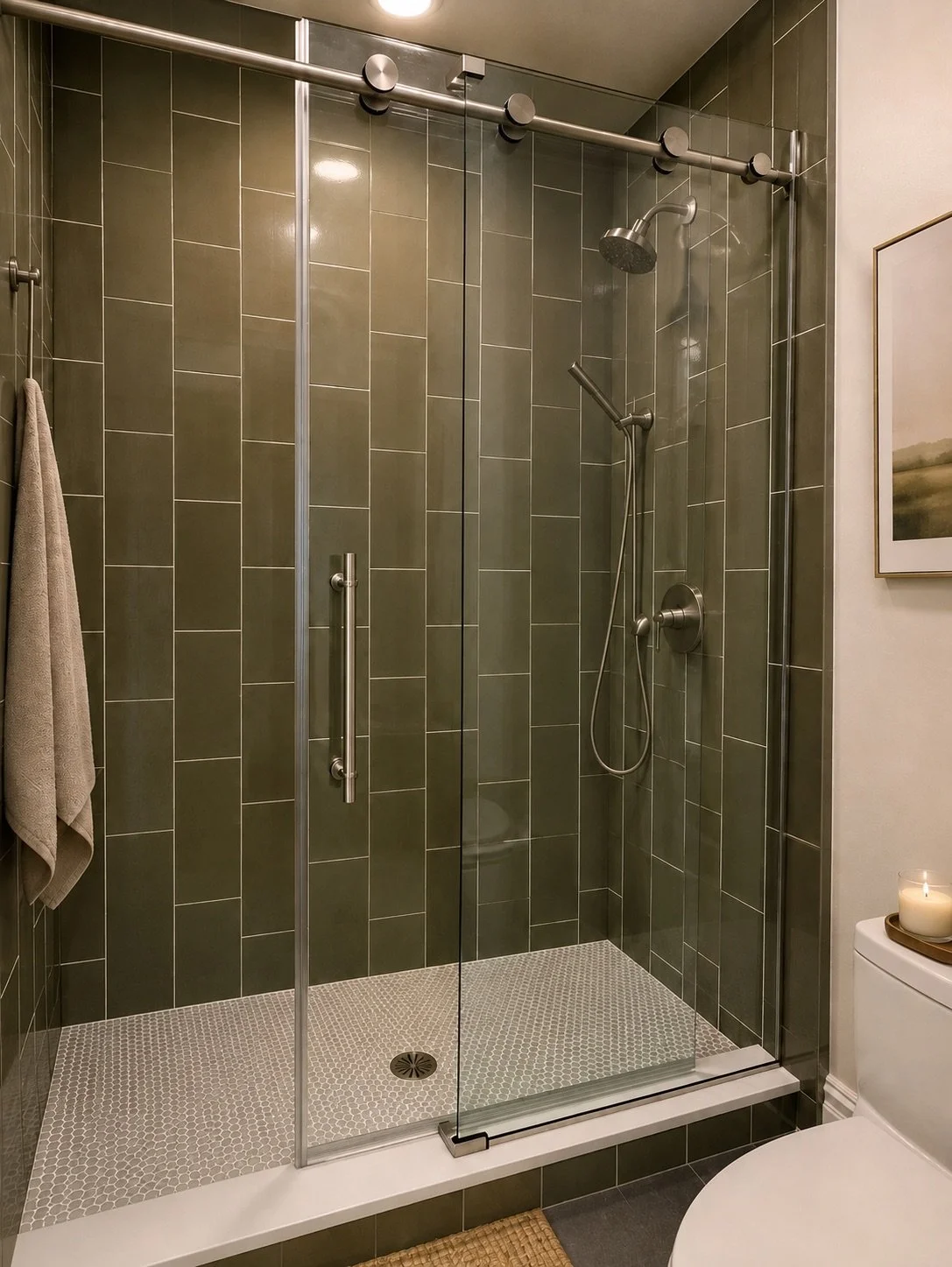 modern standing shower with stainless steel hardware and large green tiles