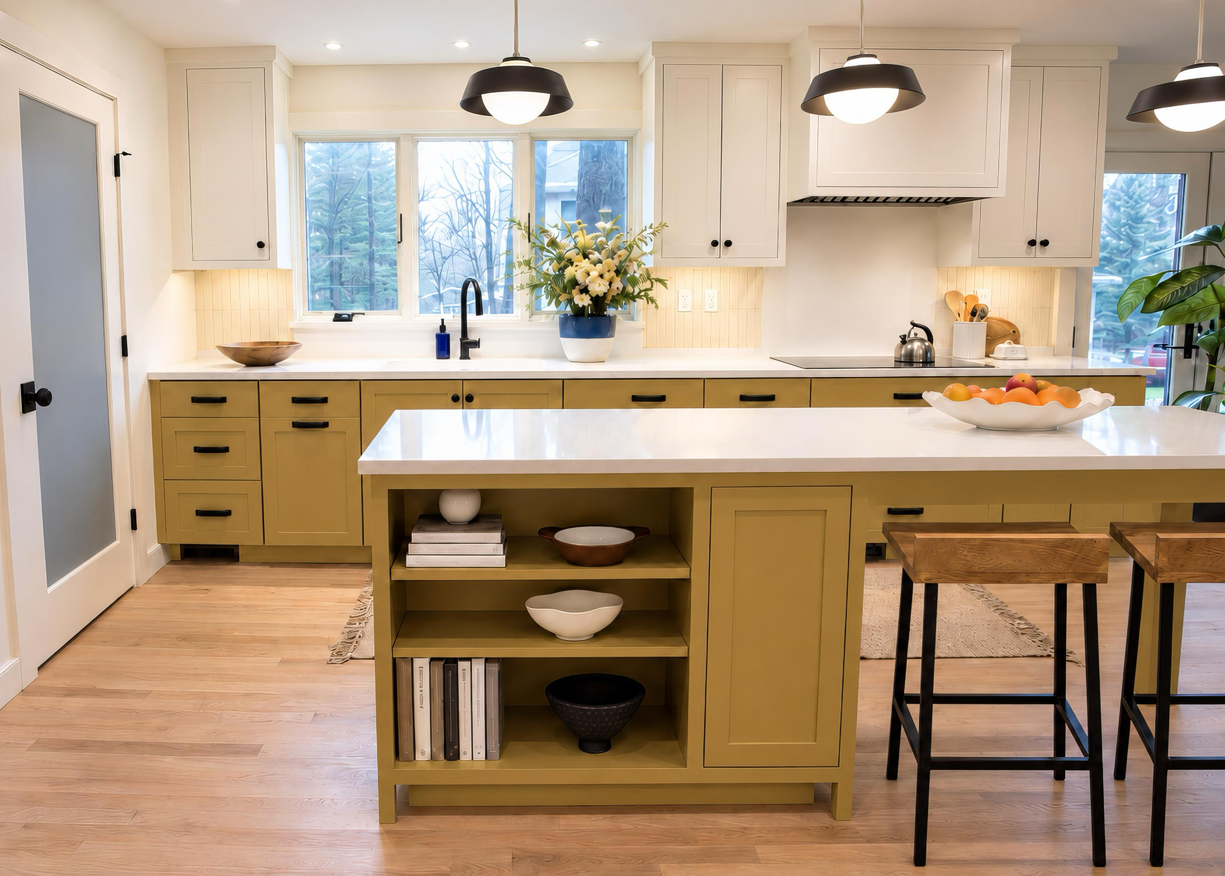 kitchen with yellow cabinets and white countertops