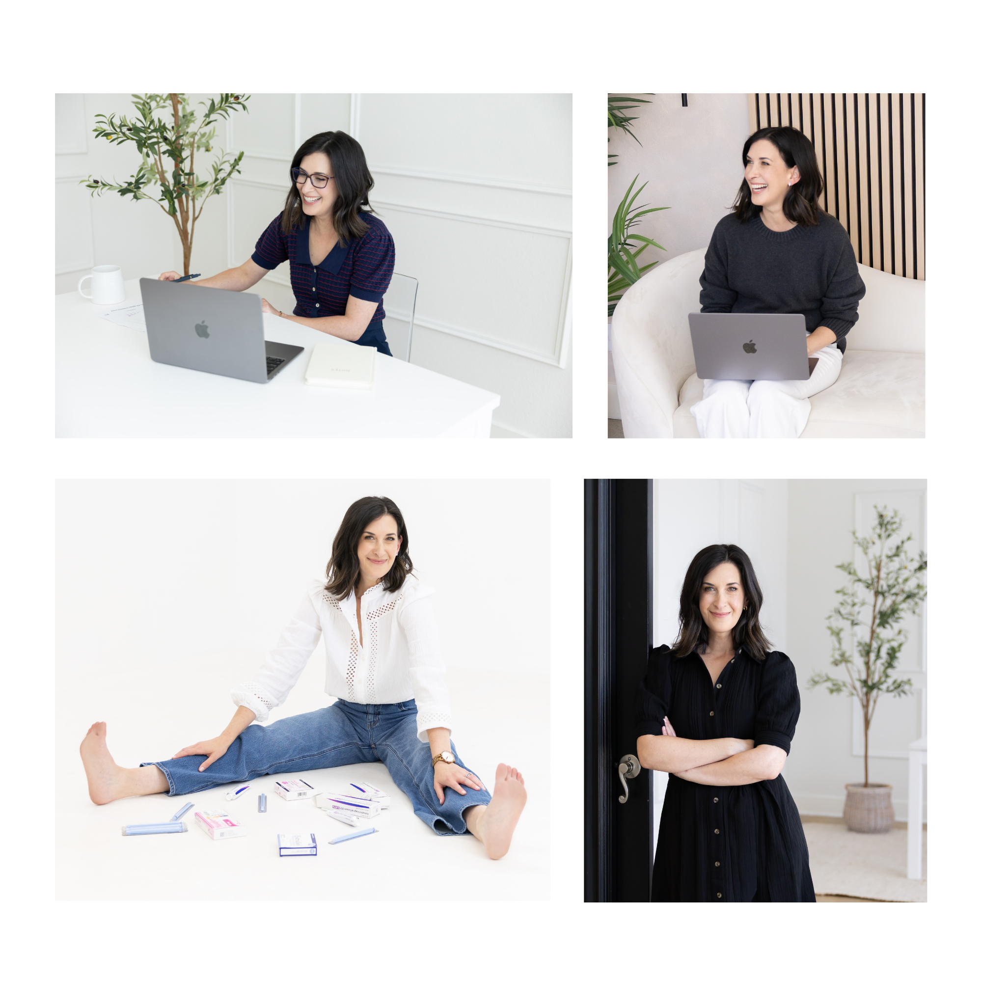 A collage of four photos of a woman with dark hair, wearing glasses in the first photo, a black shirt in the fourth photo, and casual clothing in the second and third photos. In the top left, she is sitting at a white table with a laptop, a mug, and documents, smiling and looking at her laptop. In the top right, she is sitting on a white couch, smiling, with a wooden slat wall and a potted plant behind her. In the bottom left, she is doing yoga or stretching on the floor with medication or supplement boxes around her, smiling and looking relaxed. In the bottom right, she is standing with crossed arms, smiling, with a dark door and an indoor potted plant behind her.
