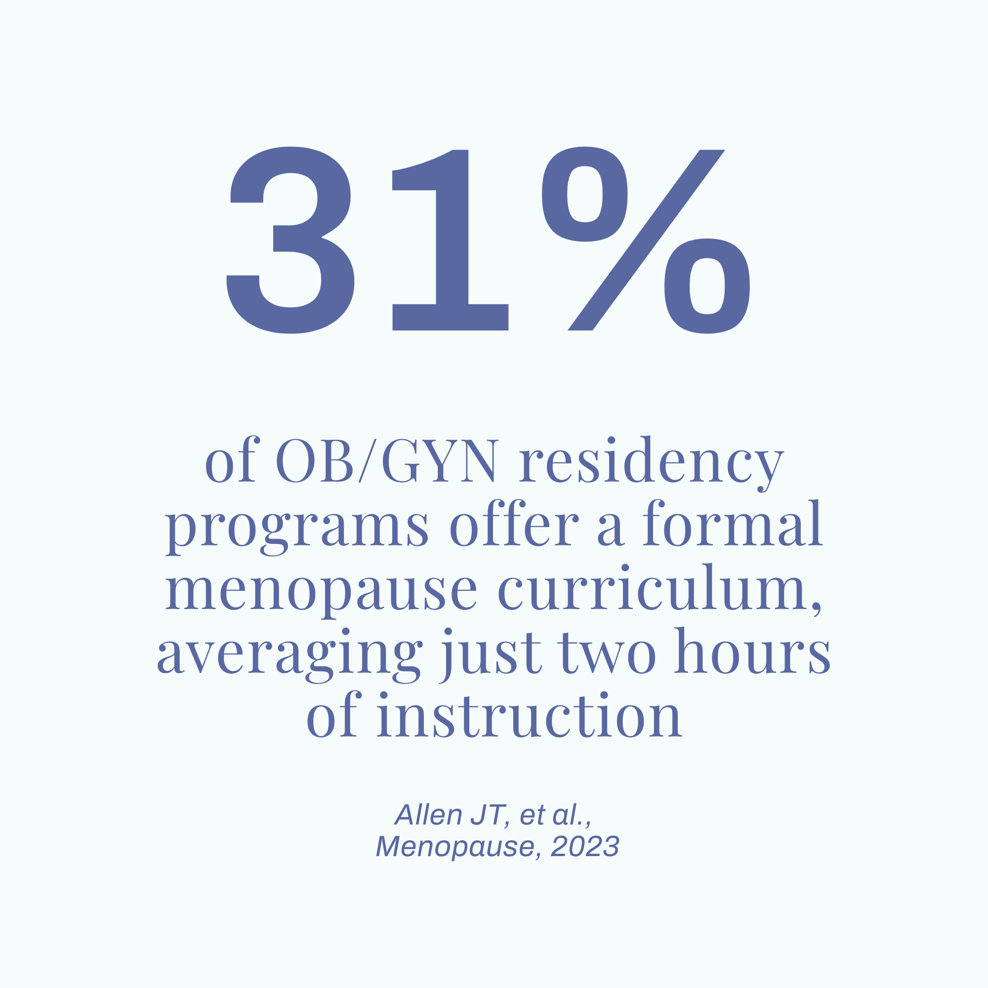 A page of a research article showing a statistic of 31% of OB/GYN residency programs offer a formal menopause curriculum, with a background of light blue or teal color and text in blue.