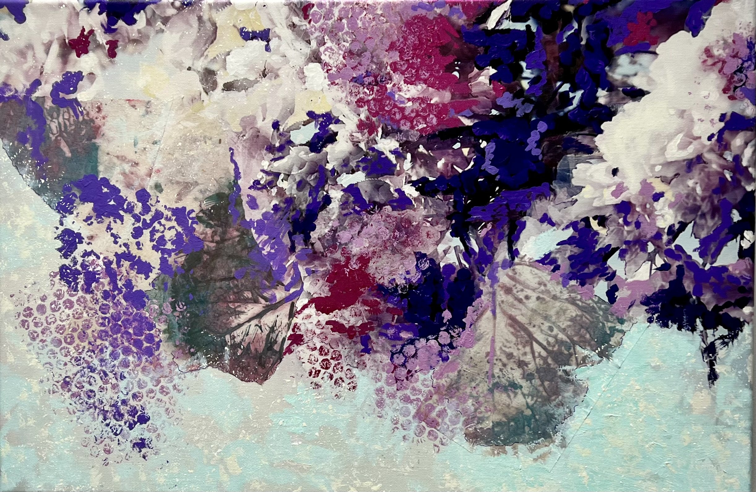 A Sky Made of Flowers
Acrylic and mixed media on canvas
16 x  24
Colour gathers, drifts and dissolves across the surface, suggesting flowers without containing them. Layers of gesture, texture and translucent colour move between abstraction and memor