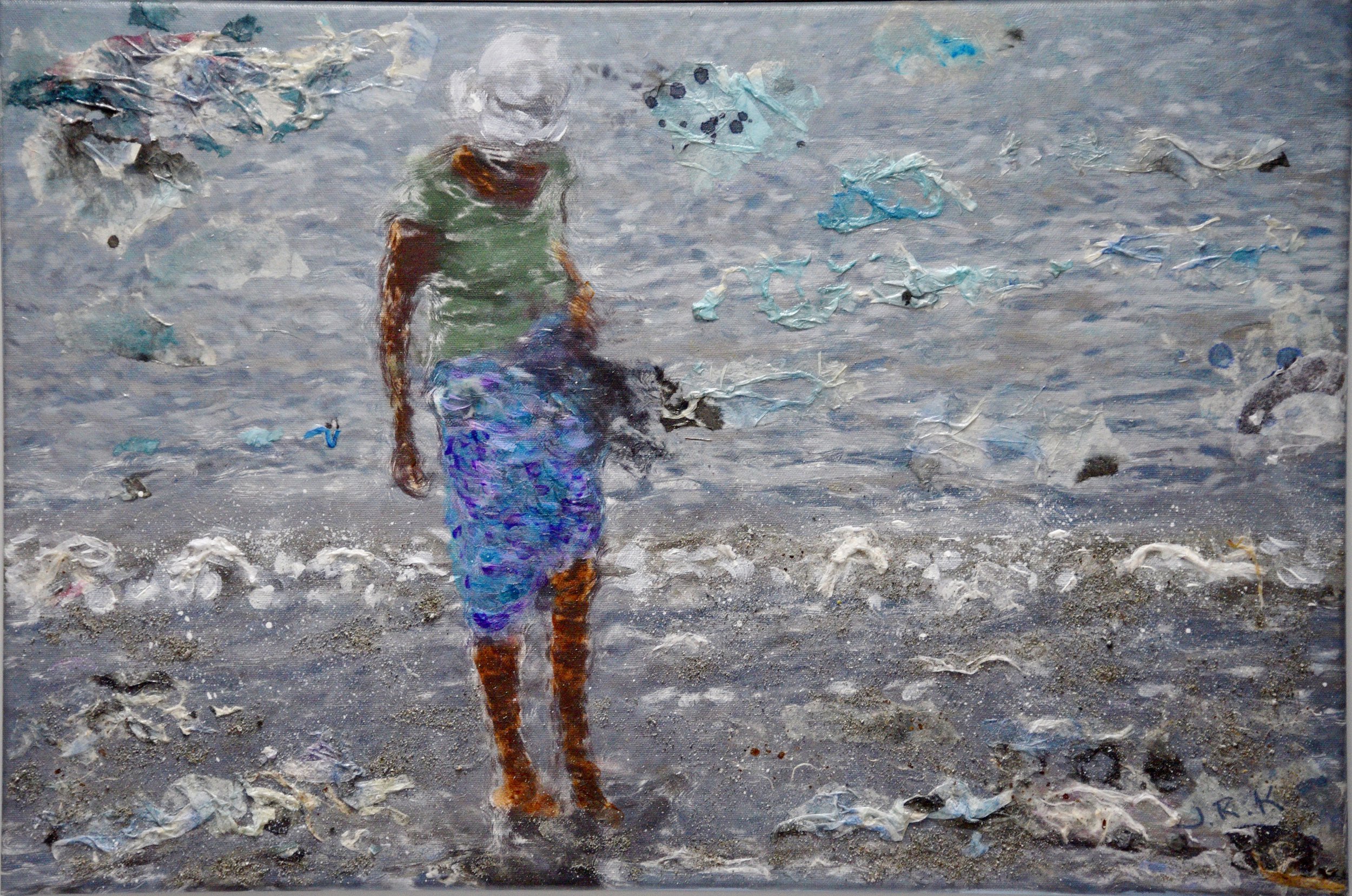 Between Tides
Acrylic and mixed media on canvas
16 x 24 
A solitary figure wades through the coastal shallows, suspended between water, land and sky. Layers of colour and texture soften the scene, creating a quiet sense of solitude, reflection and be