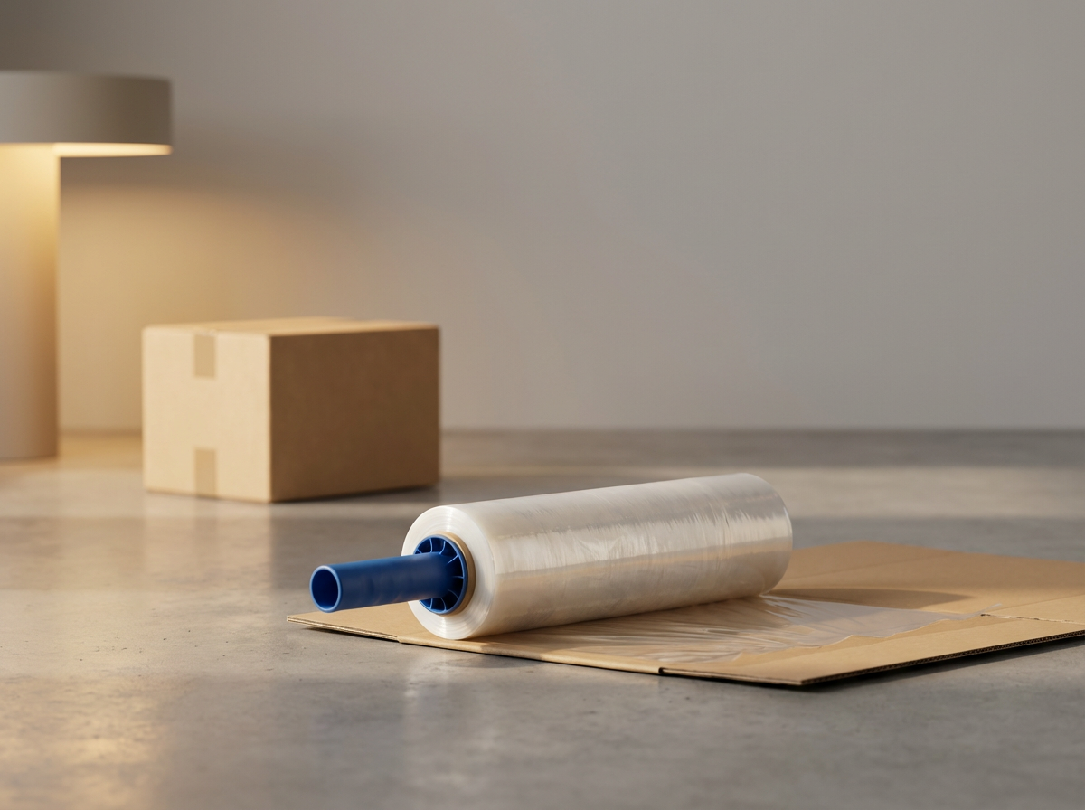 A plastic stretch film roll on a cardboard surface, a cardboard box, and a table lamp in a softly lit room.