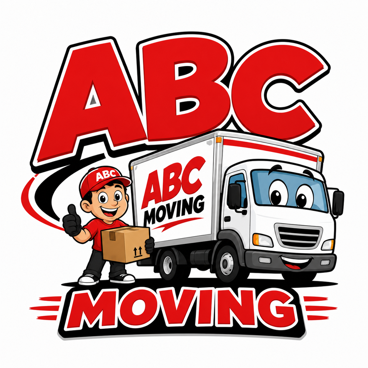 Cartoon of a moving truck with a smiling anthropomorphic face, a cheerful boy in a red cap and shirt holding a cardboard box, and large red and black text saying "ABC Moving" with the word "MOVING" at the bottom.