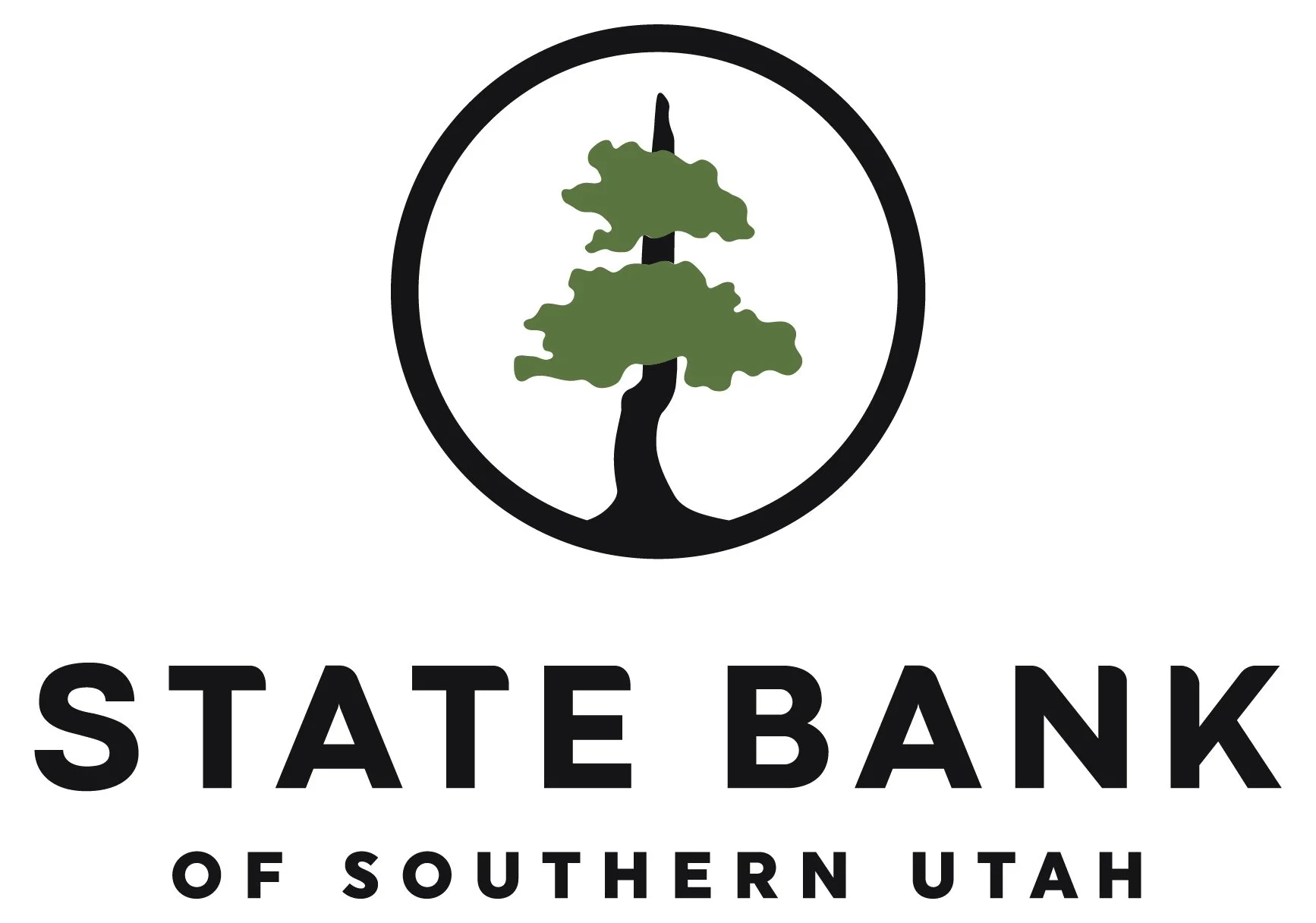 The logo of State Bank of Southern Utah features a stylized green pine tree inside a black circle with the bank's name below.