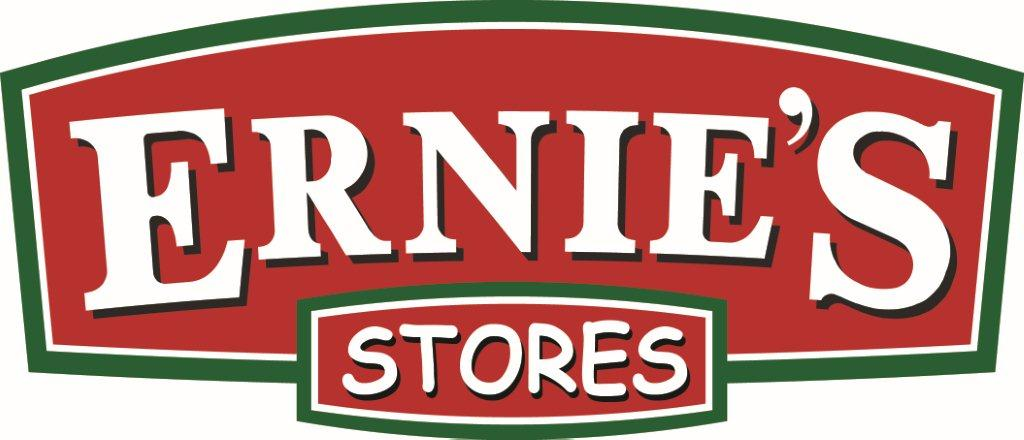 Logo for Ernie's Stores with red background, white and black text, and green border.