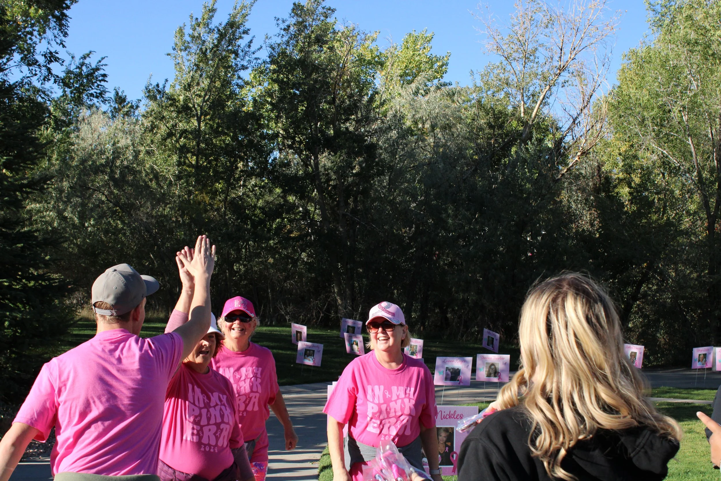 Group of people wearing pink shirts at a breast cancer awareness walk event outdoors under blue sky, surrounded by green trees, smiling and interacting.