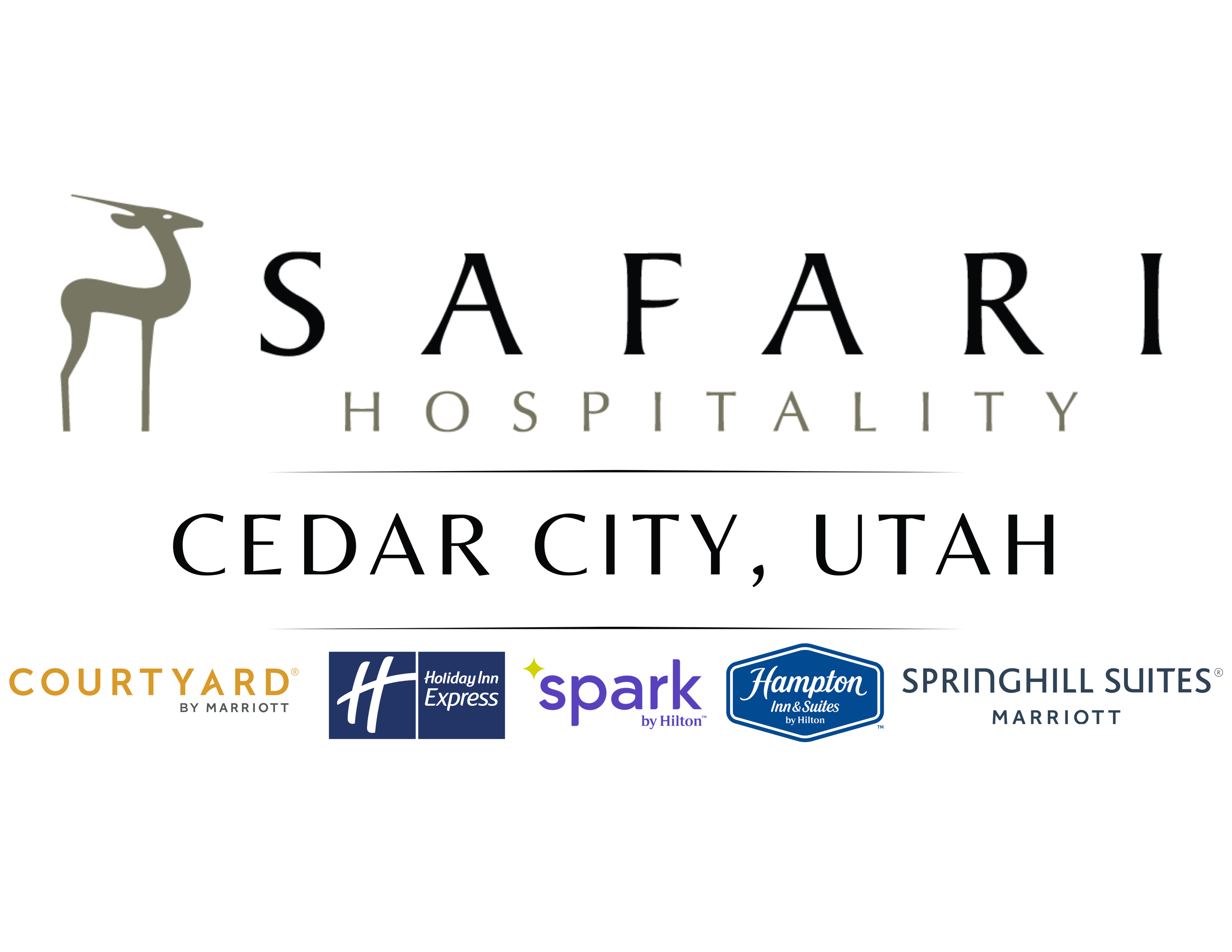 Logos of various hospitality and lodging brands, including SAFAARI Hospitality, Cedar City Utah, Courtyard by Marriott, Holiday Inn Express, Spark by Hilton, Hampton Inn & Suites by Hilton, and SpringHill Suites Marriott.