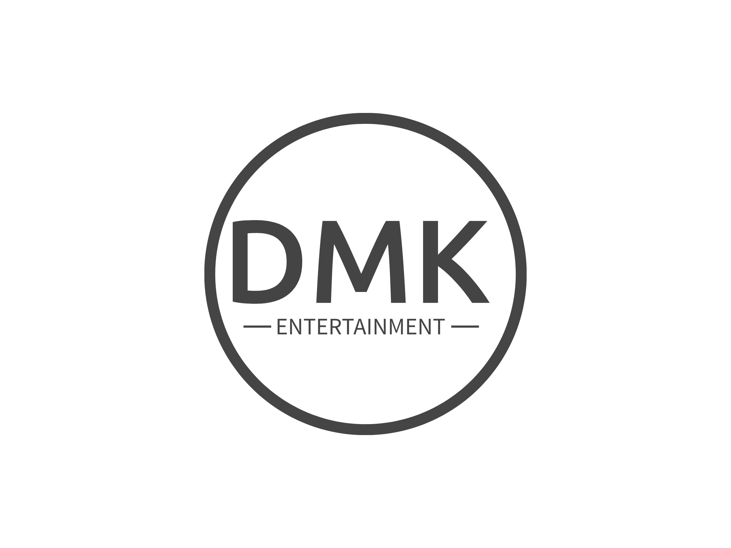 A black and white logo with the letters 'DMK' inside a circle, and the word 'ENTERTAINMENT' written below.