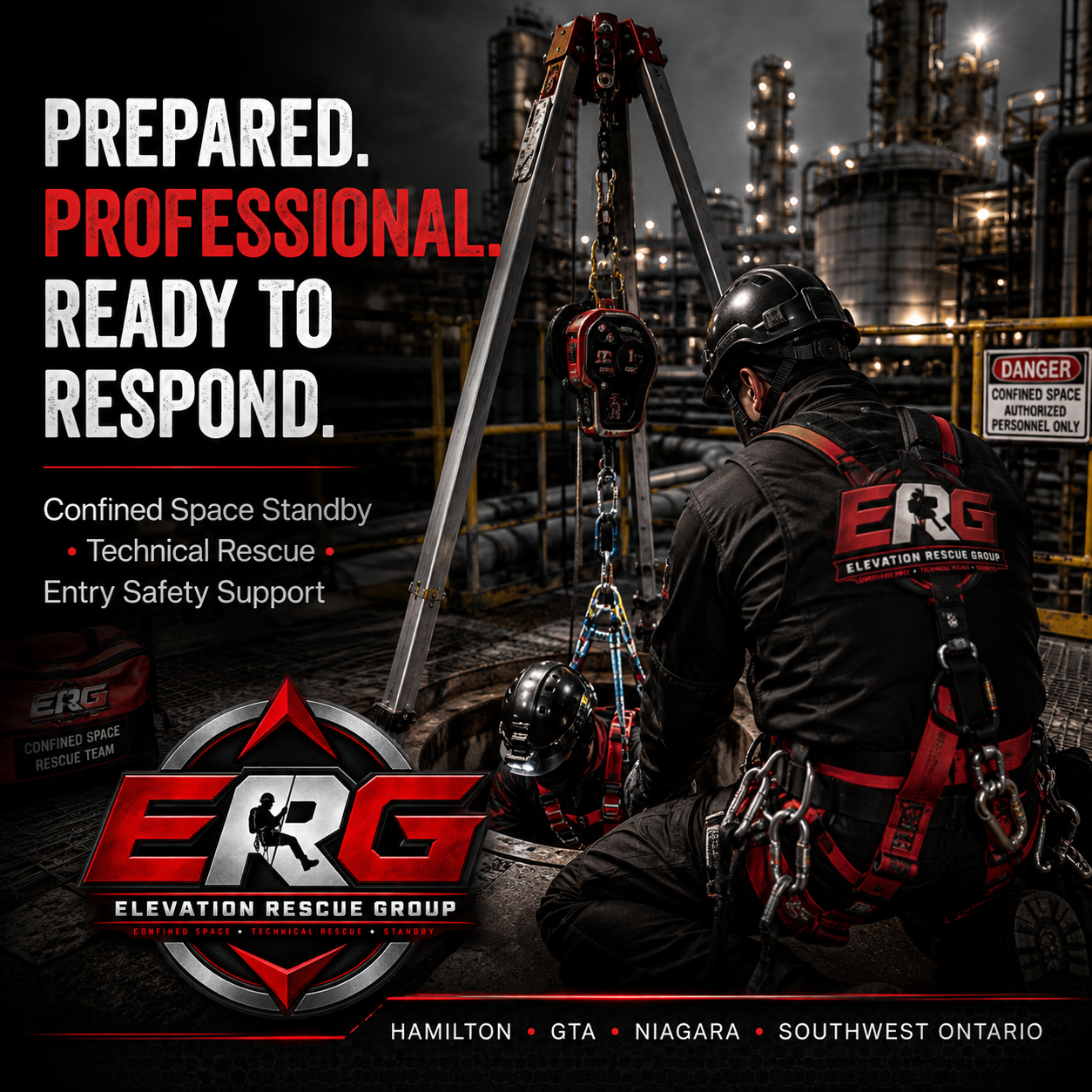 Elevation Rescue Group confined space rescue technicians using tripod retrieval equipment at an industrial facility.