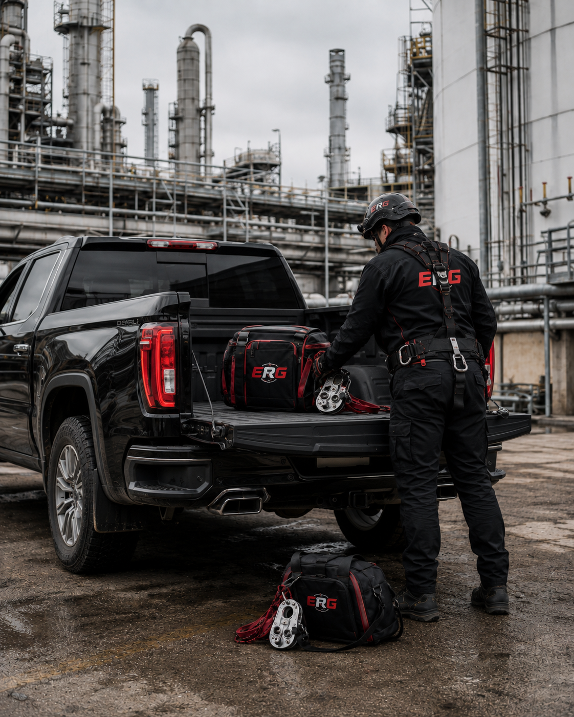 Elevation Rescue Group worker loading confined space rescue equipment into a truck at an industrial site