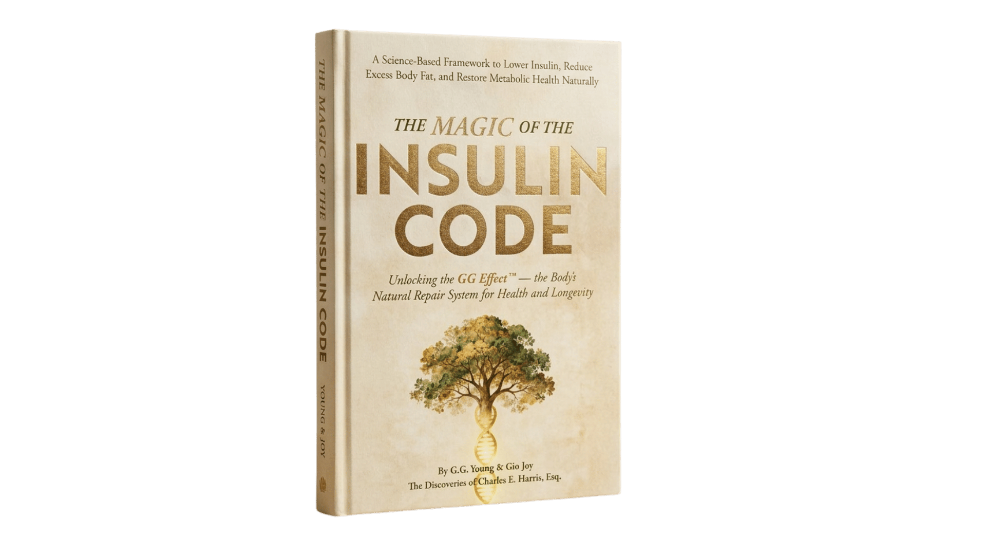 A book titled 'The Magic of the Insulin Code' with a subtitle about lowering insulin and restoring metabolic health, featuring an illustration of a tree with roots and a DNA helix below it.