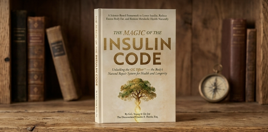 A book titled 'The Magic of the Insulin Code' standing upright on a wooden surface, with a background of old books and a pocket watch, in a cozy, vintage setting.