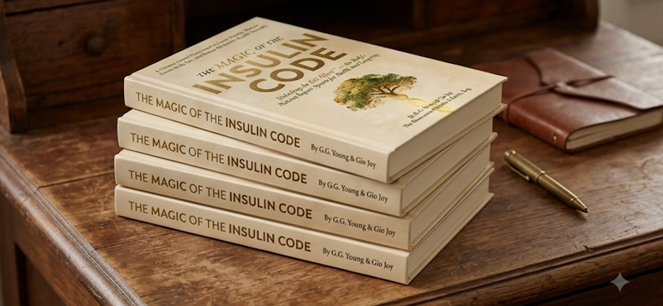 Four copies of the book titled "The Magic of the Insulin Code" stacked on a wooden desk, with a gold pen and a leather-bound notebook nearby.