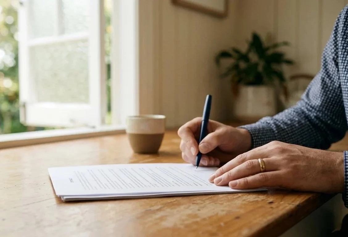 Person signing a contract to sell their family home through Ray White Downsizing