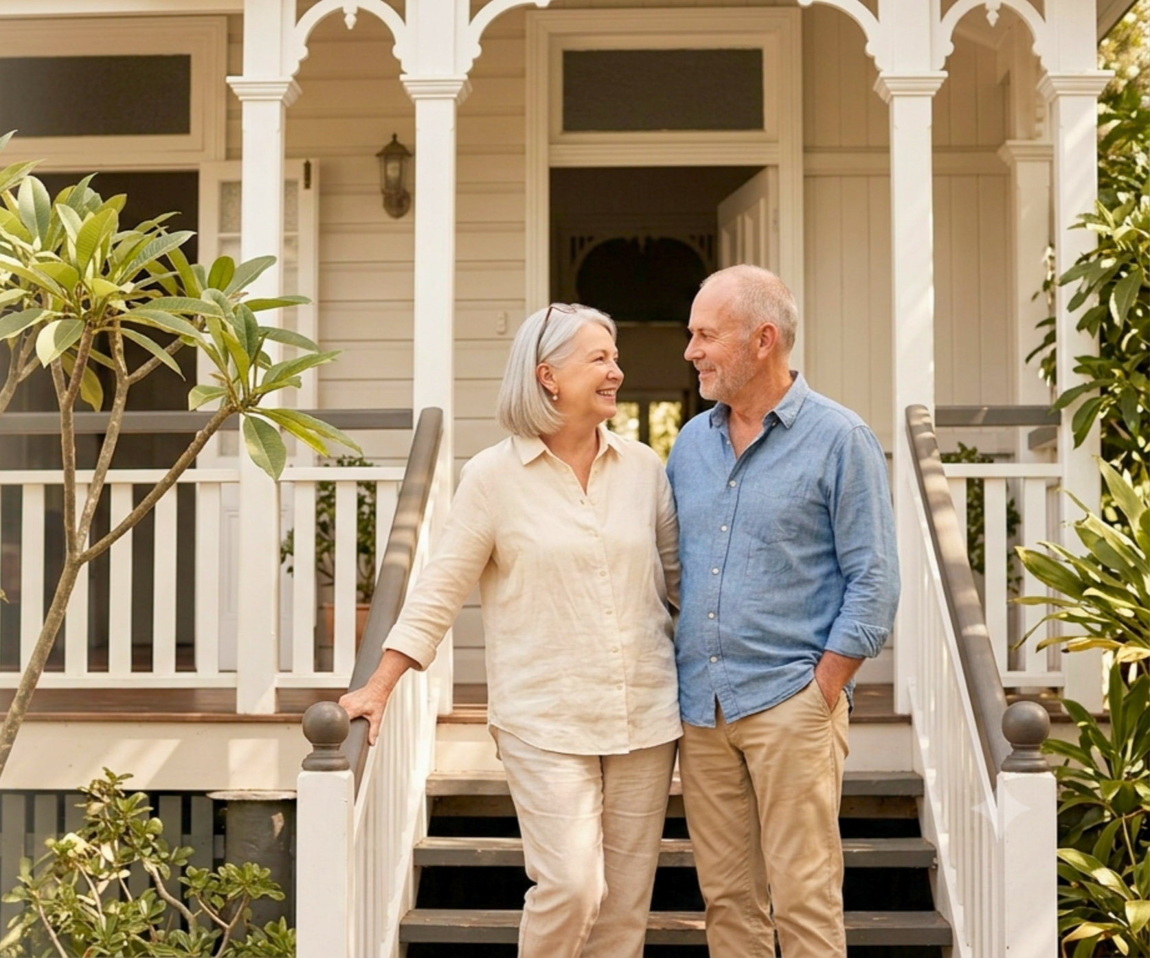Couple at their Brisbane family home being sold through Ray White Downsizing