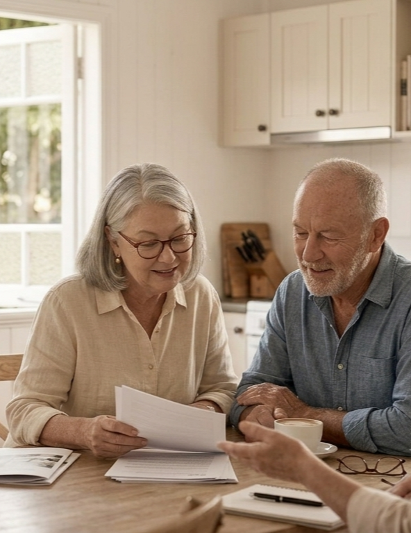 Downsizing specialist talking through a home sale with a couple at their kitchen table